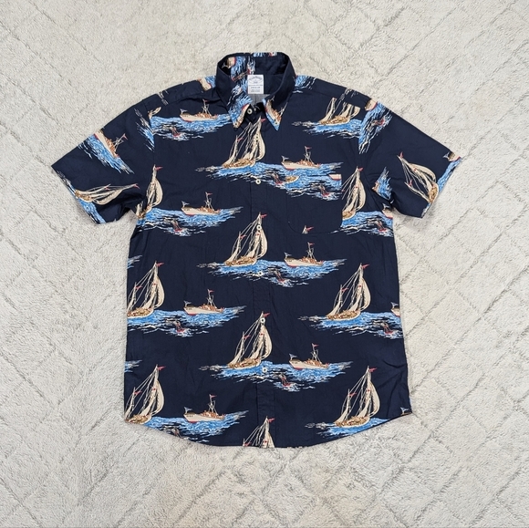 Brooks Brothers Shirt Mens M Blue Navy Sailboat Print Nautical Preppy Button Up - Picture 1 of 6